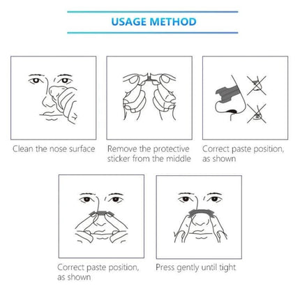 Transparent Nasal Strips Pack 30 Count for Better Sleep illustrated usage method showing cleanse nose, remove sticker, position strip, press until tight
