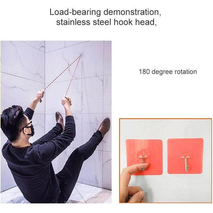 Transparent Plum-Shaped Adhesive Hooks for Kitchen, 10-Pack showing load-bearing demo on tile with 180° rotation and stainless steel hook