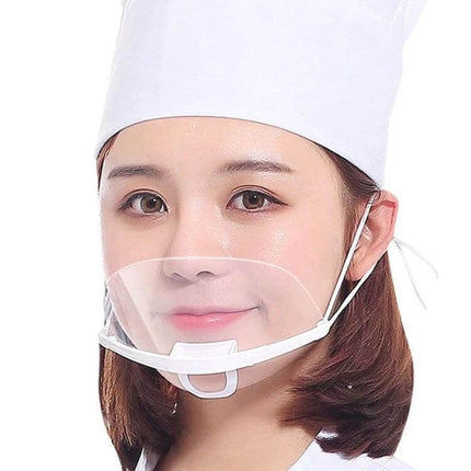 Transparent Restaurant Mask With Antifog Shield, 10 Pieces worn by server showing clear PET shield and comfortable fit
