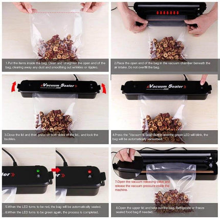 Transparent Sealing Film Roll for Automatic Vacuum Sealer showing step-by-step sealing of a clear bag with dried fruit inside