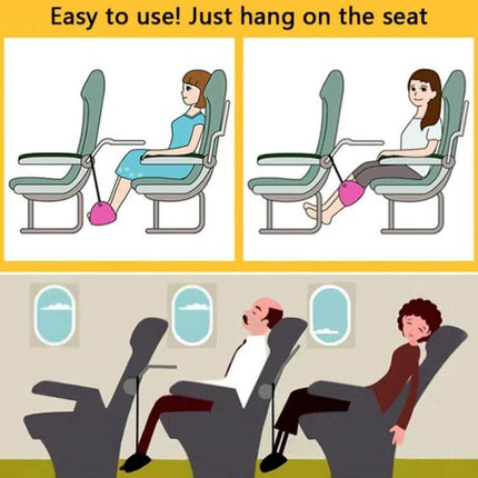 Travel Foot Rest Hammock Sky Blue For Office And Travel Use - memory foam foot hammock shown attached to airplane and desk seats for elevated comfort