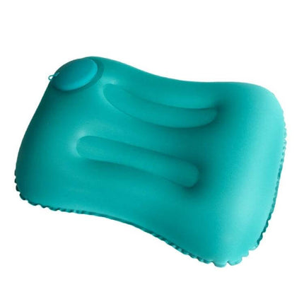 Travel Inflatable Press U-Shaped Neck Guard Pillow, Peacock Green shown inflated with push-type inflator and soft milk silk cover for travel support