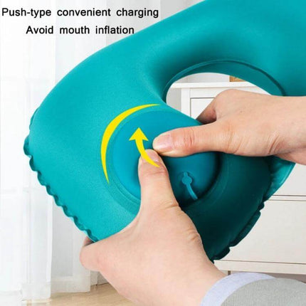Travel Inflatable Press U-Shaped Neck Guard Pillow, Peacock Green showing push-type inflator being pressed to avoid mouth inflation
