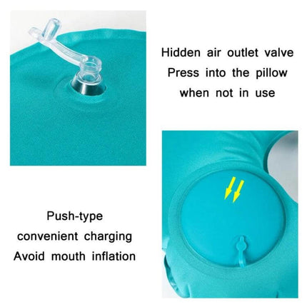 Travel Inflatable Press U-Shaped Neck Guard Pillow, Peacock Green showing push-type inflator and hidden outlet valve for easy inflation and compact storage