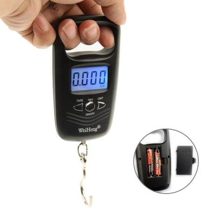 Travel Luggage Scale 50 Kg Capacity With Backlit LCD handheld digital luggage scale with blue backlit display showing 0.000 and battery compartment