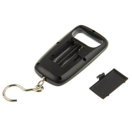 Travel Luggage Scale 50 Kg Capacity With Backlit LCD compact black handheld scale with hook and battery compartment open