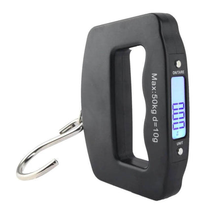 Travel Luggage Scale With Blue Backlit LCD For Easy Weighing - compact digital scale with hook, 50kg capacity and clear blue backlit LCD