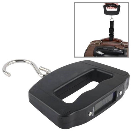Travel Luggage Scale With Blue Backlit LCD For Easy Weighing - compact handheld scale with hook and blue backlit LCD for weighing suitcases up to 50kg
