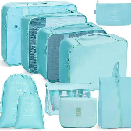 Travel Storage Bag Set For Clothes Organization 10 In 1 – light blue 10-piece packing cubes and pouches for shirts, pants, underwear and accessories