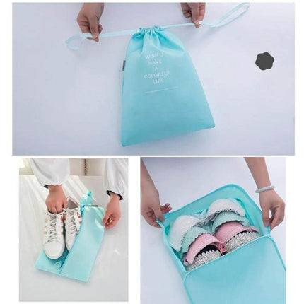 Travel Storage Bag Set For Clothes Organization 10 In 1 light blue drawstring and zipper packing pouch for shoes, bras and folded clothes, buckle-secure