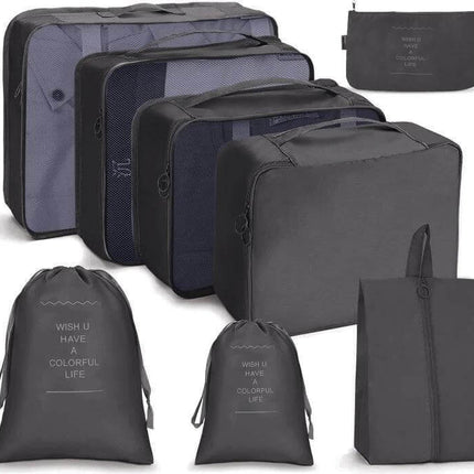 Travel Storage Bag Set Foldable For Luggage Organization - Gray 7-10 Piece Packing Cubes With Buckle System
