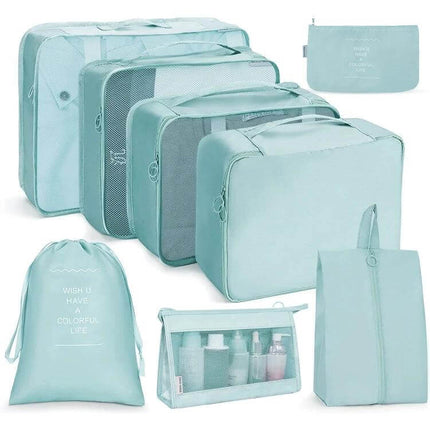 Travel Storage Bag Set Foldable For Luggage Organization in mint blue 10-piece packing cubes with mesh panels, toiletry pouch, shoe bag and drawstring laundry sack