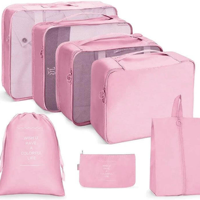 Pink Travel Storage Bag Set Foldable For Luggage Organization with seven-piece packing cubes, mesh panels, buckle closures and drawstring pouch