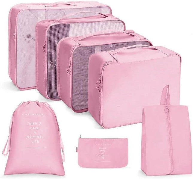 Pink Travel Storage Bag Set Foldable For Luggage Organization with seven-piece packing cubes, mesh panels, buckle closures and drawstring pouch