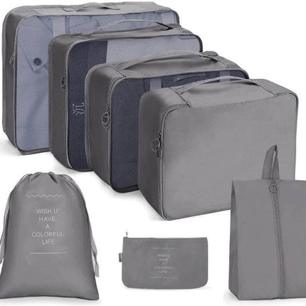 Travel Storage Bag Set Foldable For Luggage Organization gray seven-piece packing cubes with buckle system and mesh panels for organized suitcase
