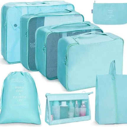 Travel Storage Bag Set Foldable For Luggage Organization turquoise seven-piece packing cubes with mesh panels, toiletries pouch, shoe bag and drawstring pouch