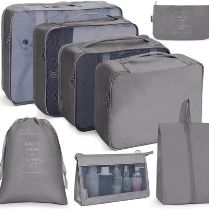 Travel Storage Bag Set Foldable For Luggage Organization gray seven-piece packing cubes and toiletry pouch with buckle closures