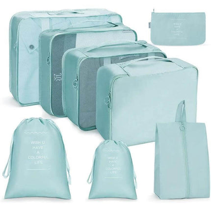 Travel Storage Bag Set Foldable For Luggage Organization lightweight mint packing cubes 7-piece set with mesh tops, drawstring pouches, shoe bag and toiletry pouch