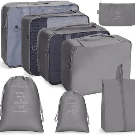 Travel Storage Bag Set Foldable For Luggage Organization – gray 7–10 piece packing cubes and shoe/drawstring bags with buckles and mesh panels