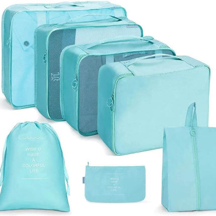 Travel Storage Bag Set Foldable For Luggage Organization in aqua 7-piece packing cubes with mesh panels, buckle closures, shoe bag and toiletries pouch