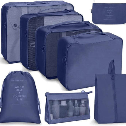 Travel Storage Bag Set Foldable For Luggage Organization navy blue seven-piece packing cubes with mesh panels buckle system and toiletry pouch