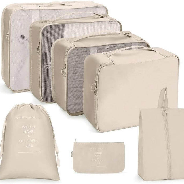 Travel Storage Bag Set Foldable For Luggage Organization beige 7-10 piece packing cubes with mesh panels, buckle system and drawstring laundry bag
