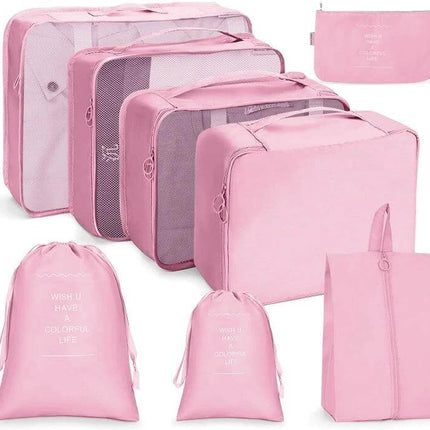 Travel Storage Bag Set Foldable For Luggage Organization pink seven-piece packing cubes with mesh panels and buckle-secure pouches