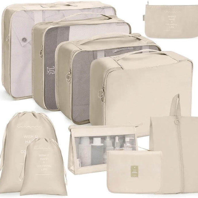 Travel Storage Bag Set For Clothes Organization 10 In 1 beige packing cubes, shoe bag, toiletry pouch and drawstring laundry bags for organized luggage
