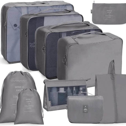Travel Storage Bag Set For Clothes Organization 10 In 1 gray packing cubes and accessory pouches for suitcase organization
