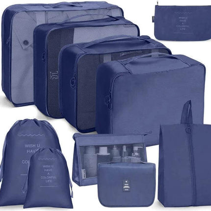 Travel Storage Bag Set For Clothes Organization 10 In 1 navy blue packing cubes and accessory pouches for organized suitcase