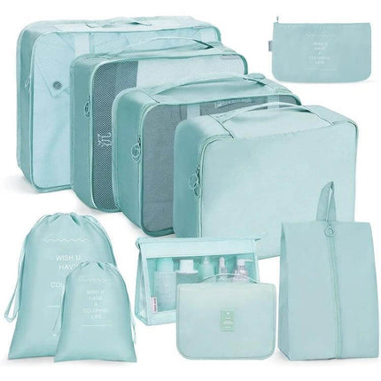 Travel Storage Bag Set For Clothes Organization 10 In 1 light blue packing cubes and pouches with mesh panels, buckles and toiletry bag for suitcase
