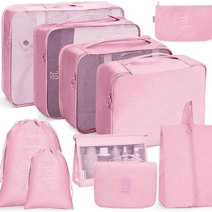 Travel Storage Bag Set For Clothes Organization 10 In 1 - pink 10-piece packing cubes and pouches with mesh panels and buckle system for neat luggage