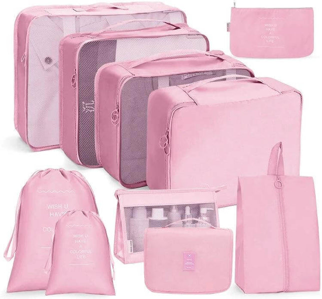 Travel Storage Bag Set For Clothes Organization 10 In 1 - pink 10-piece packing cubes and pouches with mesh panels and buckle system for neat luggage