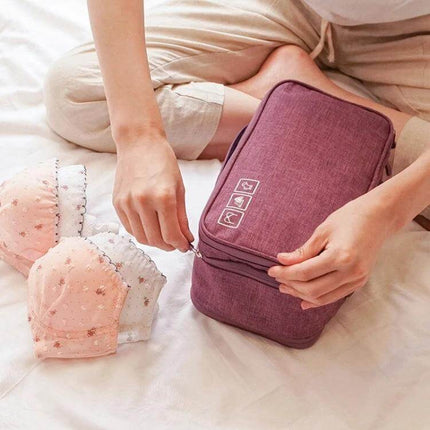 Travel Waterproof Underwear Storage Bag for Travel - purple waterproof 300D fabric organizer with transparent inner compartments holding bras and socks