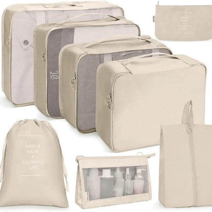 Travel Storage Bag Set Foldable For Luggage Organization beige packing cubes set with mesh panels, buckle closures and toiletry pouch