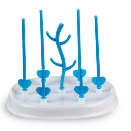 Baby Bottle Drying Rack Tree Shape For Infant Bottles on white countertop showing blue tree-style branches holding bottles and nipples