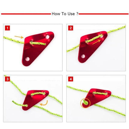 Triangle Aluminum Rope Adjustment Buckle For Camping Tents shown red with neon rope demonstrating 4-step threading and tensioning instructions