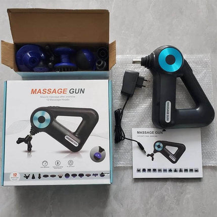 Triangle Fascia Massager For Home Use And Recovery compact ABS massage gun with charger, box of heads and manual for post-exercise relief