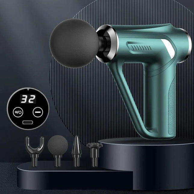 Triangular Electric Fascia Gun For Deep Muscle Relief showing teal gun with round head, digital display, and four interchangeable massage attachments