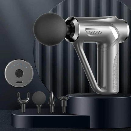 Triangular Electric Fascia Gun For Deep Muscle Relief - compact silver percussive massager with 4 heads, 30W motor, 10mm amplitude, 1800–3200 rpm