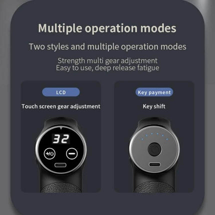 Triangular Electric Fascia Gun For Deep Muscle Relief showing dual operation modes with LCD touch screen and key shift controls