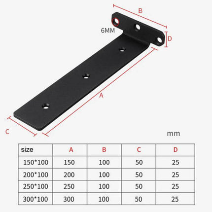 Triangular Shelf Bracket for Bookshelves, Black Finish for Daily Use shown with dimensions chart for 150–300mm lengths