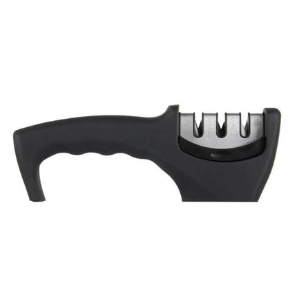 Tungsten Steel Knife Sharpener With Curved Handle For Kitchen Use – 3-step ceramic, coarse and fine slots, ergonomic black handle for daily knife maintenance