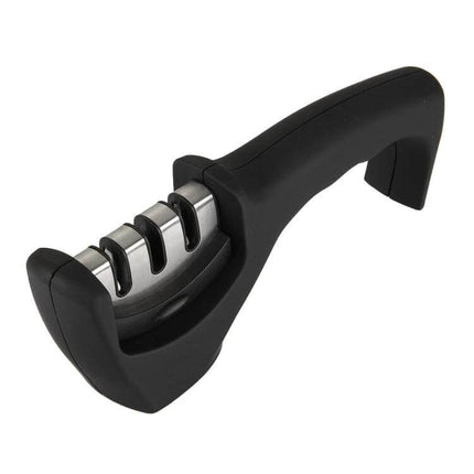 Tungsten Steel Knife Sharpener With Curved Handle For Kitchen Use shown with three-stage ceramic, coarse and fine slots and ergonomic black handle