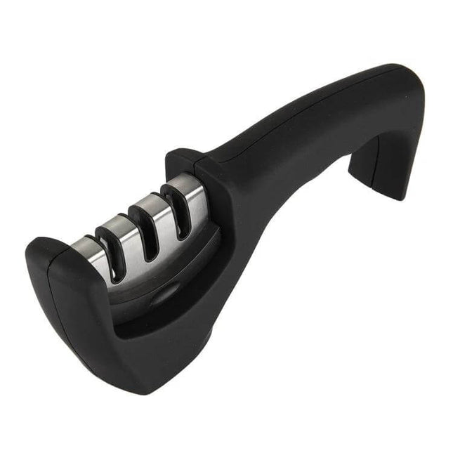 Tungsten Steel Knife Sharpener With Curved Handle For Kitchen Use shown with three-stage ceramic, coarse and fine slots and ergonomic black handle