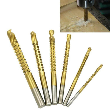 Twist Drill Bits High Speed Steel 6 Piece Set For Wood And Plastics - titanium coated HSS bits sized 3-8mm for clean holes in wood and plastic