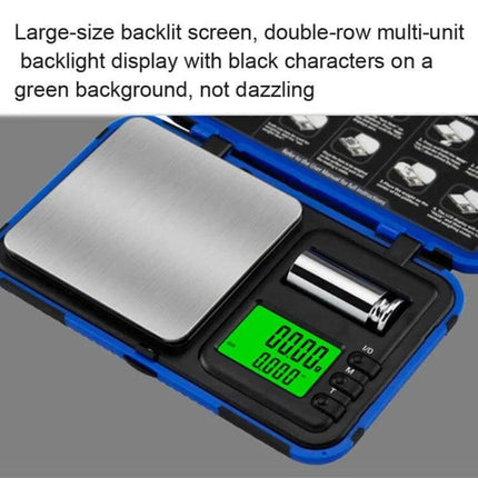 Two-Color Portable Pocket Scale With Backlit Display For Kitchen Use showing stainless weighing platform and green backlit LCD with black digits