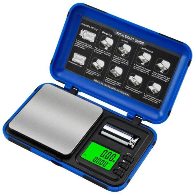 Two-Color Portable Pocket Scale With Backlit Display For Kitchen Use - compact kitchen scale with green backlit screen and stainless steel platform