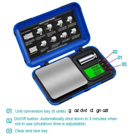 Two-Color Portable Pocket Scale With Backlit Display For Kitchen Use - compact blue pocket scale with green backlit screen showing 0.00 and stainless weighing plate