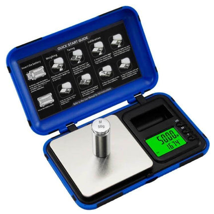 Two-Color Portable Pocket Scale With Backlit Display For Kitchen Use showing blue case, stainless tray and green backlit screen displaying 50.00g